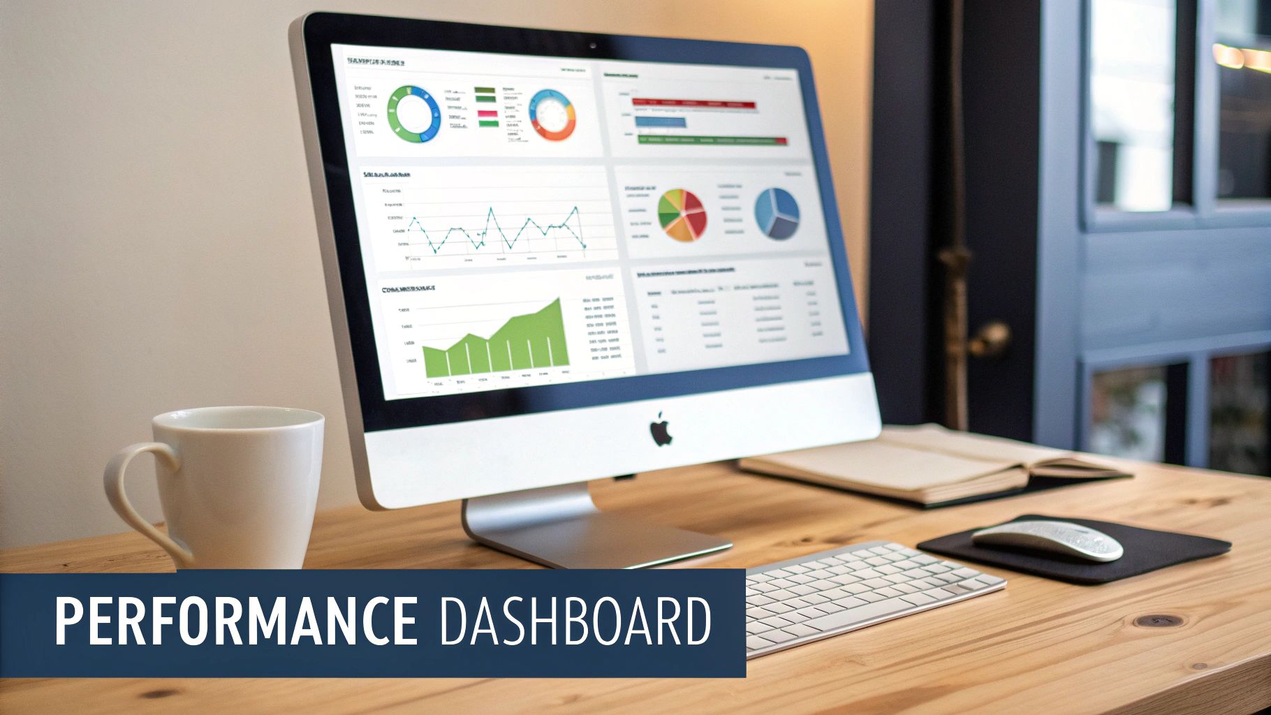 A desktop computer displays a detailed performance dashboard with charts and graphs on a wooden desk.