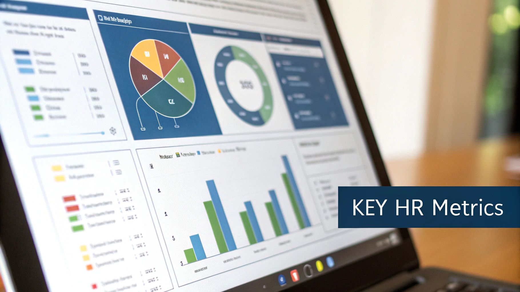A desk with a laptop displaying charts and graphs, representing HR metrics and data analysis.