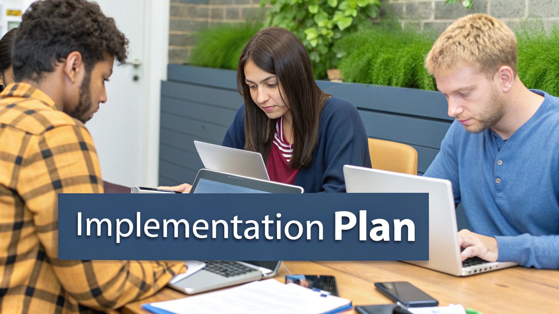 A team collaborates around a screen showing project management software.