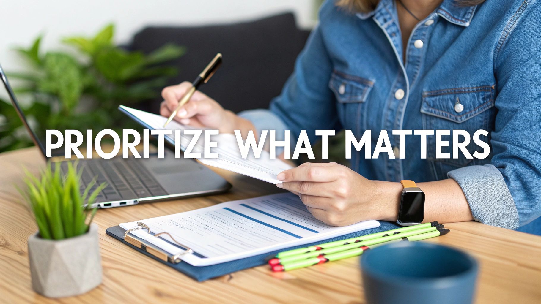 A person looking relaxed and in control while working at a clean desk, symbolizing a prioritized life.