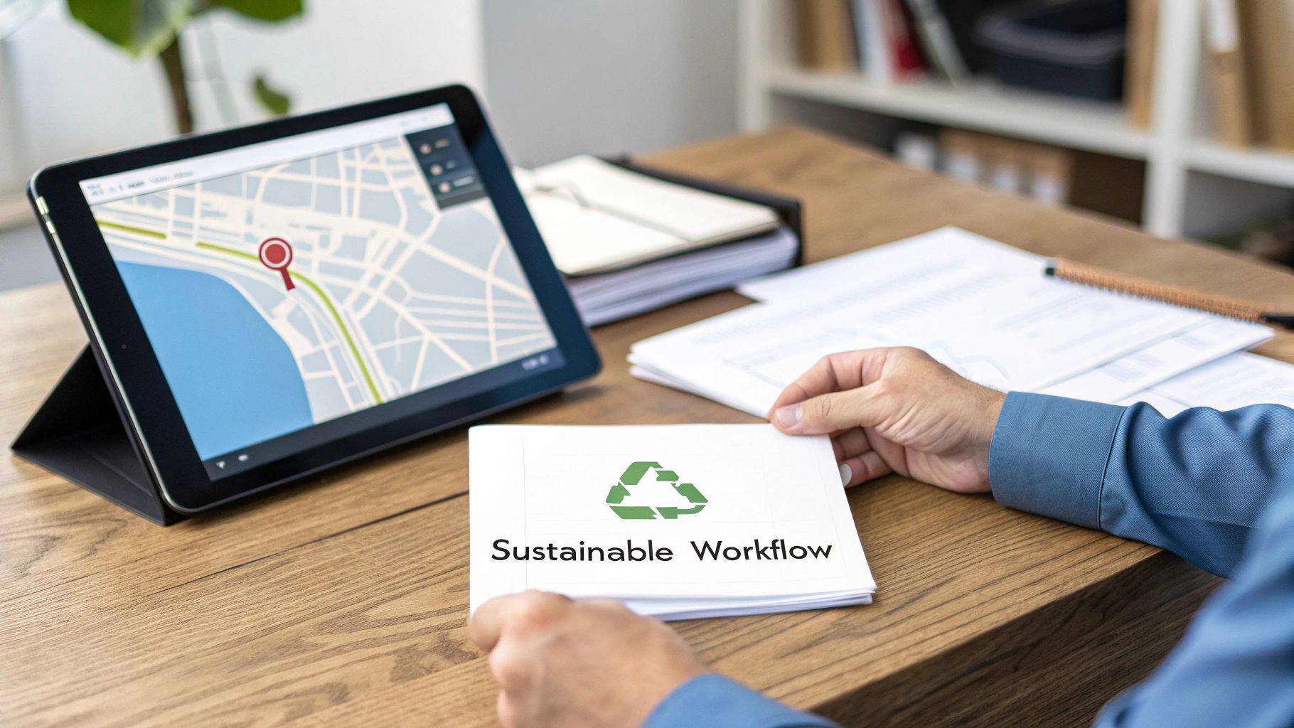 A person working at a desk with green plants, symbolizing a sustainable workflow