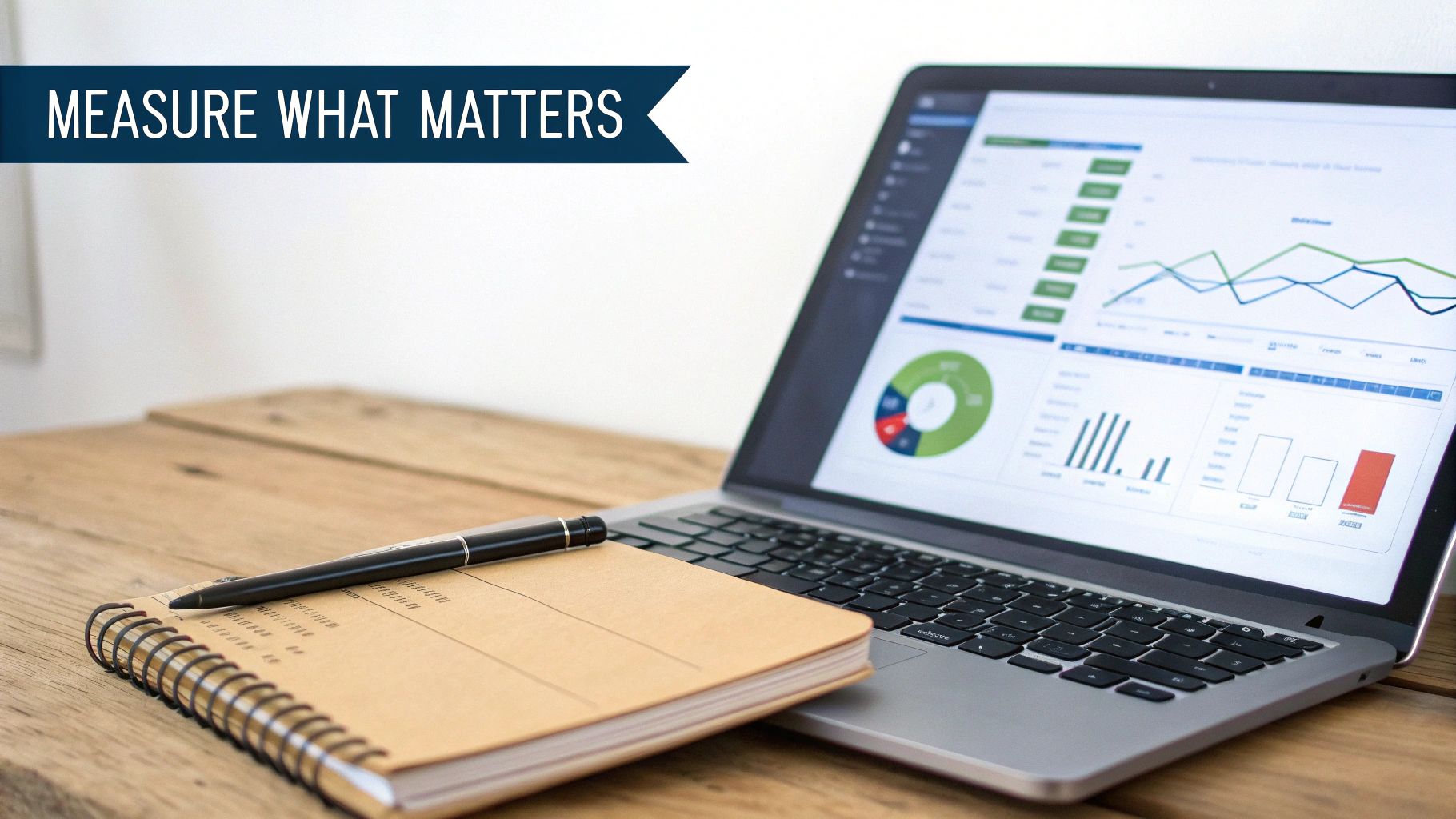 A laptop displaying data analytics charts and graphs, with a notebook and pen on a wooden desk, and a 'MEASURE WHAT MATTERS' banner.