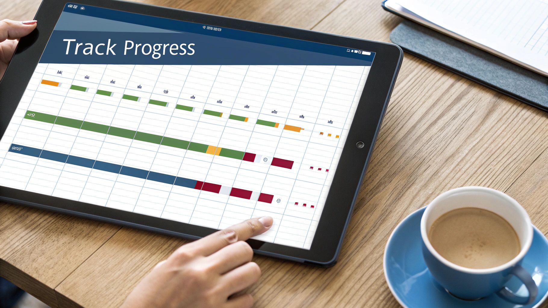 A person tracks project progress on a tablet displaying a colorful Gantt chart, with coffee on a wooden desk.
