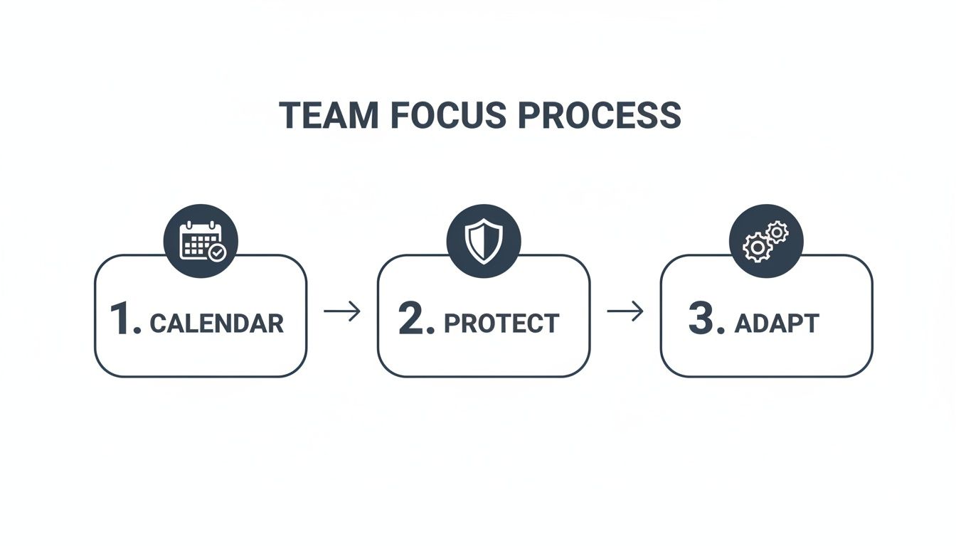Diagram illustrating the Team Focus Process with steps: 1. Calendar, 2. Protect, 3. Adapt.