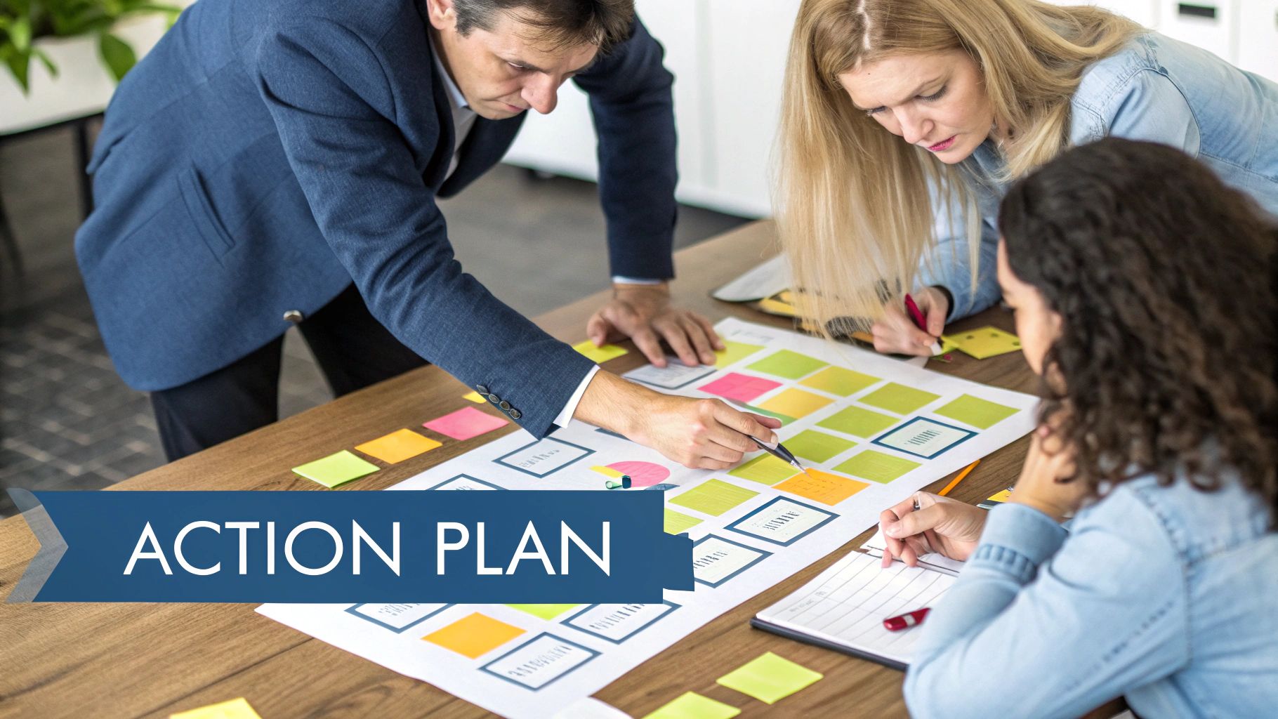 Team of professionals collaborating on a strategic action plan using a visual board and sticky notes.