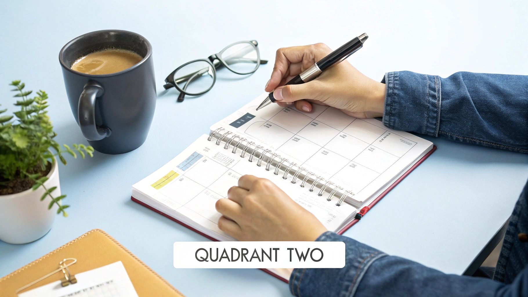A person strategically planning at a clean, organised desk, symbolising the proactive nature of Quadrant Two work.