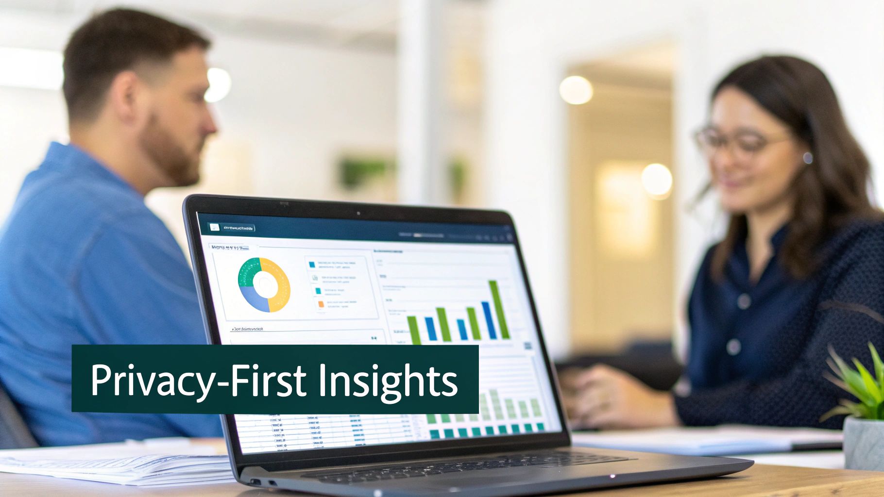 Laptop displaying data charts and graphs with 'Privacy-First Insights' text in an office meeting.