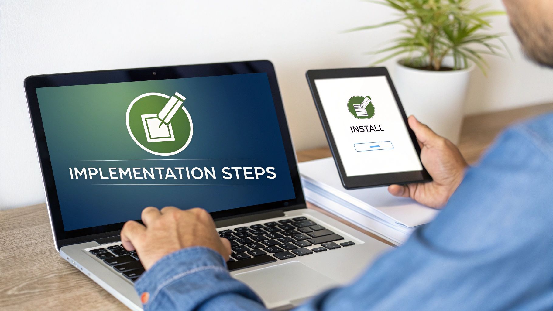 A person working on a laptop displaying 'IMPLEMENTATION STEPS' and a tablet showing 'INSTALL'.