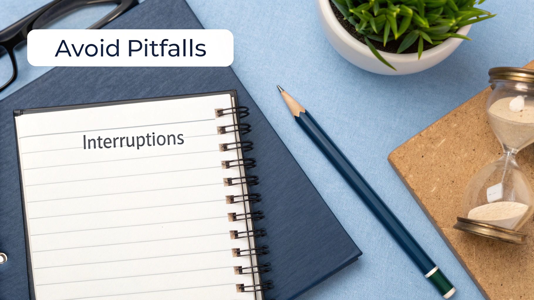 Desk flat lay: 'Avoid Pitfalls' text bubble, 'Interruptions' in notebook, pencil, glasses, plant, and hourglass.