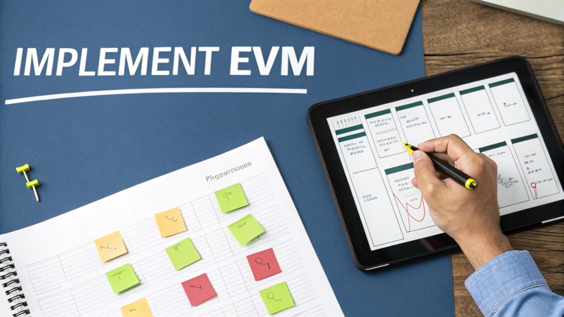 A hand writes on a tablet, with &#39;IMPLEMENT EVM&#39; text and sticky notes for planning.