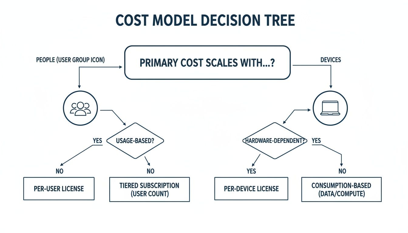 A cost model decision tree illustrating various pricing strategies based on users, usage, devices, or consumption.