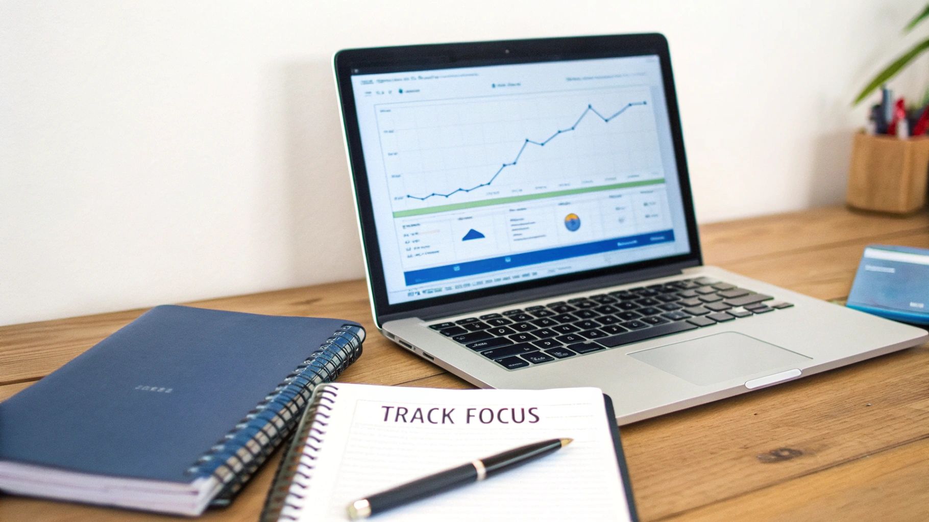 A laptop showing data graphs, with a "TRACK FOCUS" notebook and pen on a wooden desk.