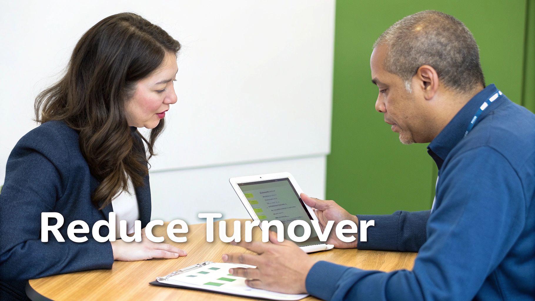 Two professionals review information on a tablet and clipboard at a table, discussing employee turnover.