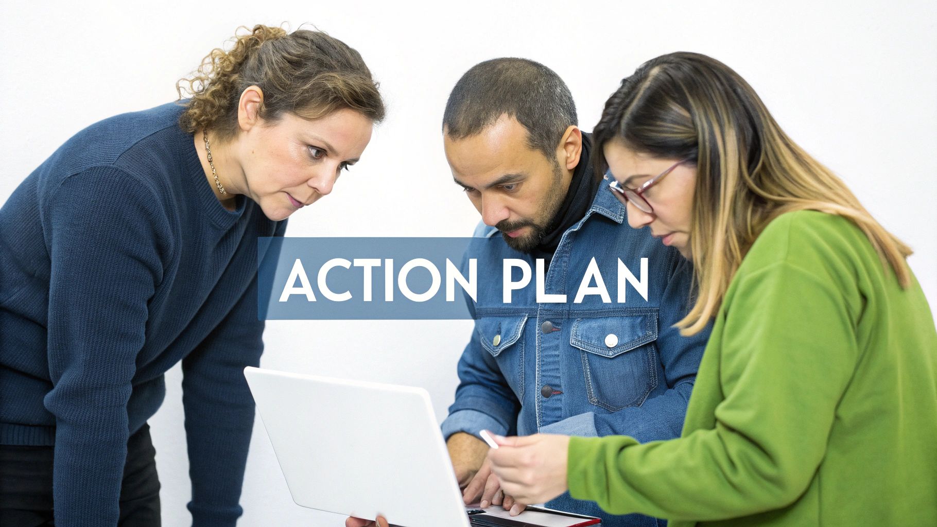 A group of people working together on a strategic plan, symbolising a successful implementation roadmap.