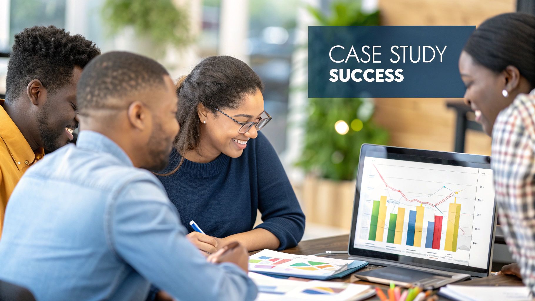 An HR professional presenting data on a screen to a team, illustrating real-world applications of analysis.