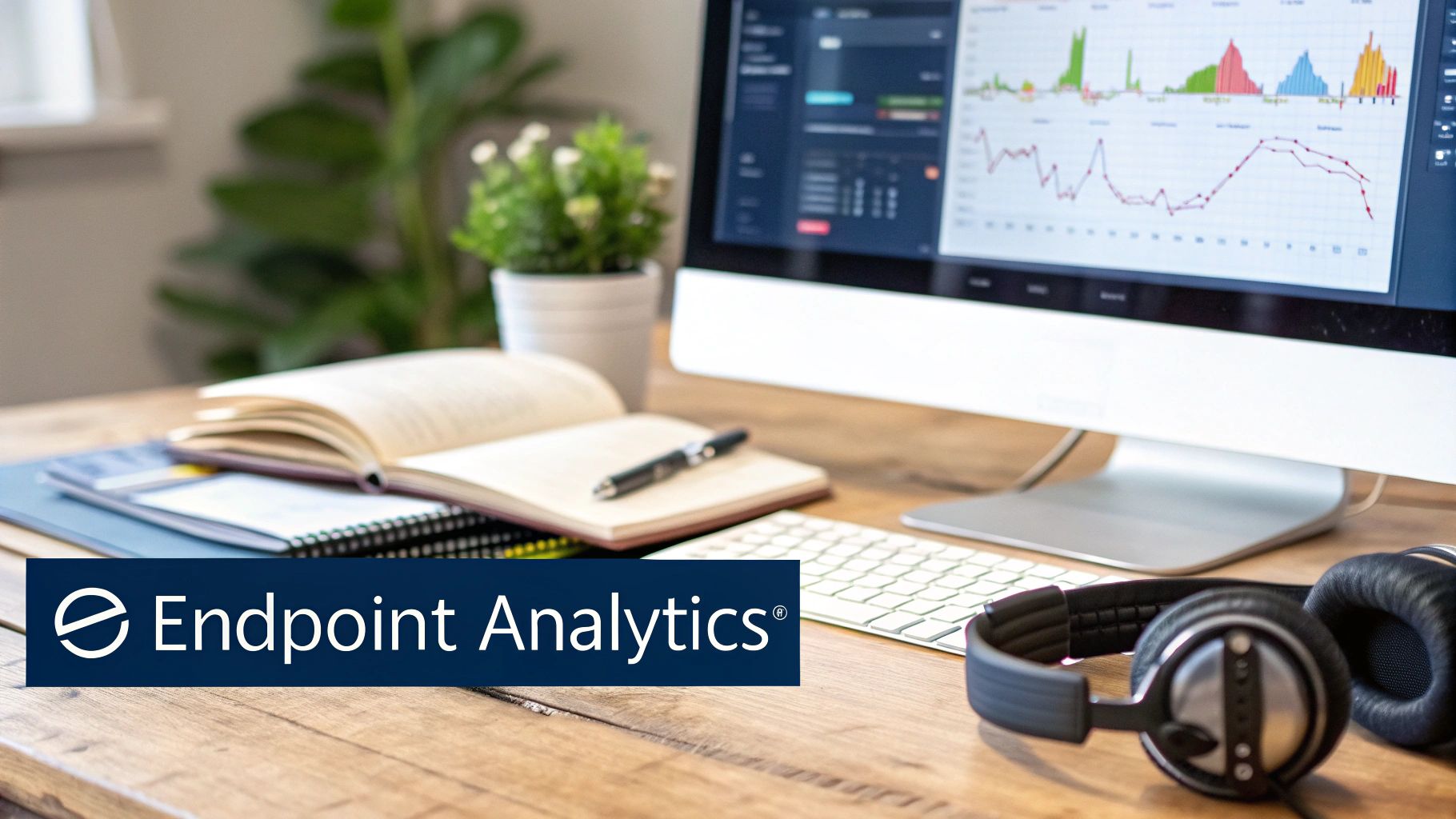 Workspace with a monitor showing data analytics, an open notebook, and Endpoint Analytics branding.
