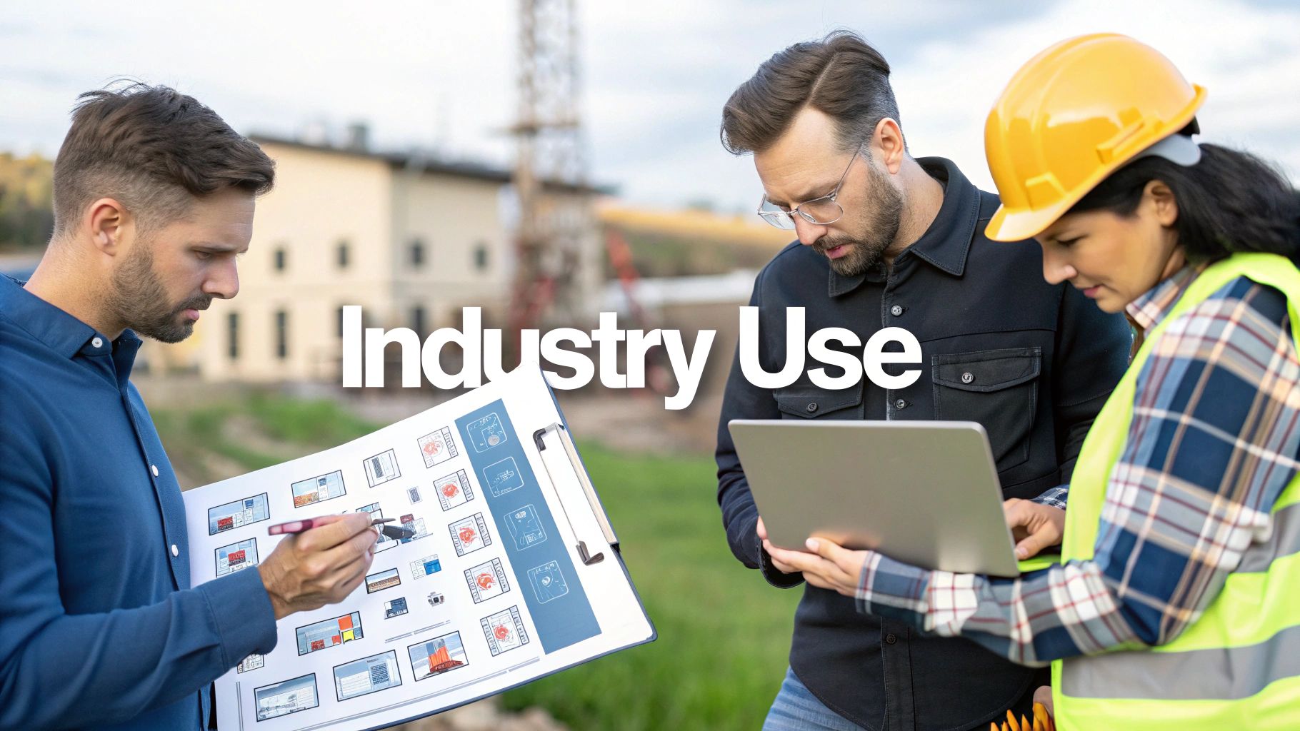 A split-screen image showing planning software in use across different industries: construction, creative, tech, and finance.