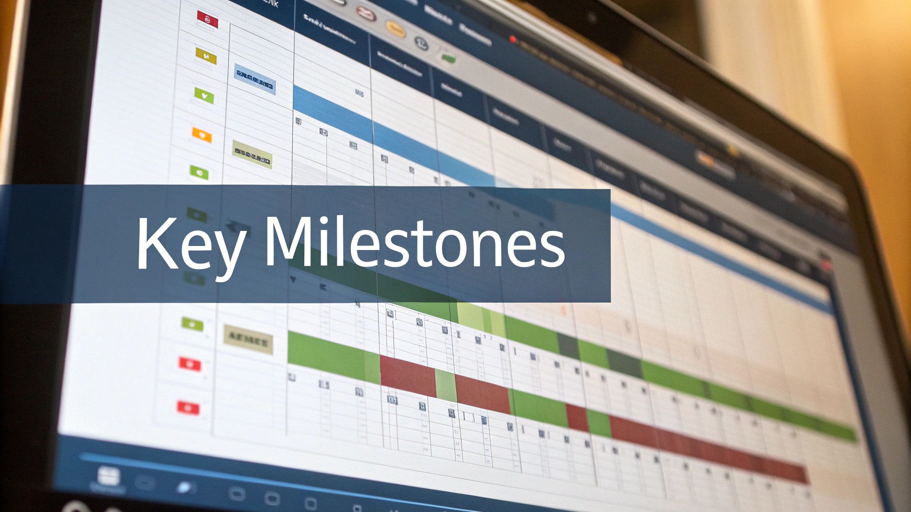 A stylised image of a project timeline with key milestones highlighted as glowing points along a path.