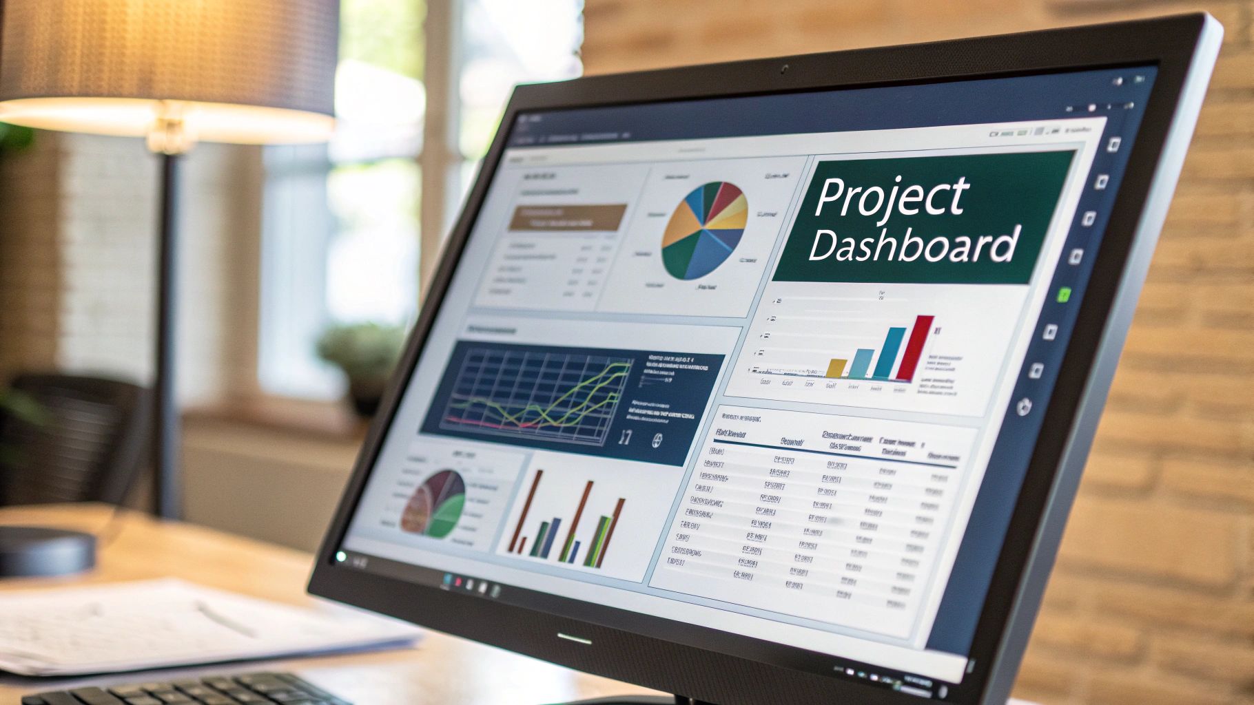A project dashboard in Excel showing various charts and key performance indicators.