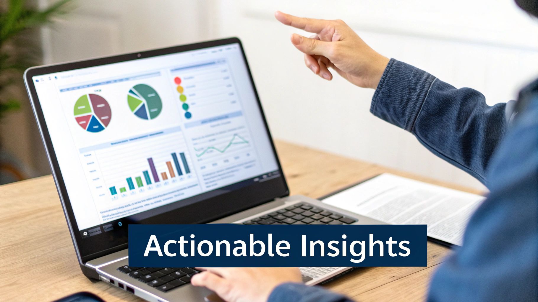 Two people analyze business data visualizations on a laptop screen, highlighting actionable insights.
